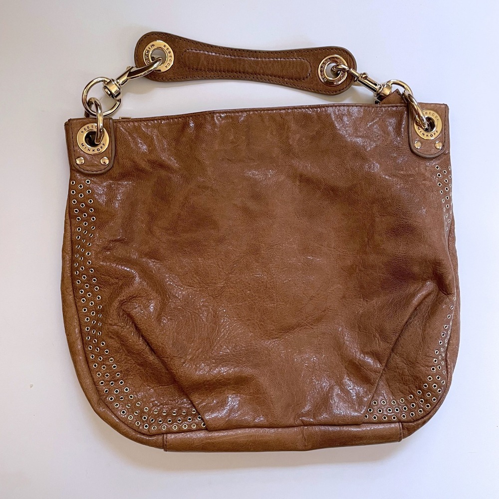 Rebecca Minkoff Brown Leather Hobo Bag Studded Grommet Gold Hardware Indie Purse